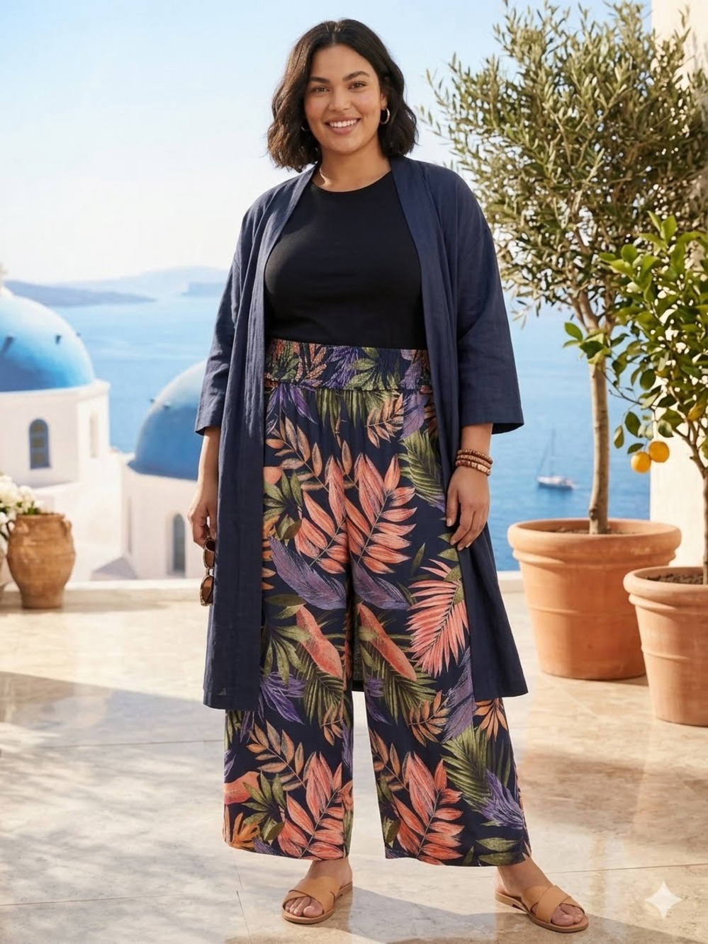 Caribbean Joe Navy Tropical Print Wide Leg Palazzo Pants Size 2X